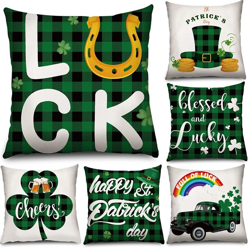 Photo 1 of 6 Pieces St. Patrick's Day Pillow Covers 18 x 18 Inch, Happy St Patrick's Day Cushion Covers Decoration, Green Shamrock Throw Pillow Case for Sofa Couch Festive Home Decor (Green Shamrock)

