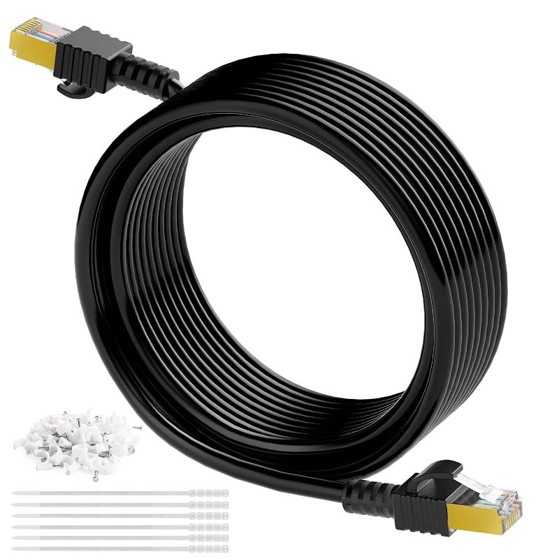 Photo 1 of Cat 8/Cat 7 Ethernet Cable 25 Feet,Elecan Heavy Duty Shielded LAN Cord(2ft-100ft),40Gbps 2000Mhz,Gold-Plated,26AWG Pure Copper,SFTP,Indoor&Outdoor,Cat6A,Network Internet + 30 Ties and 30 Clips
