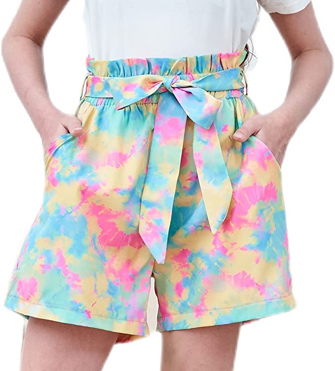 Photo 1 of Agitation Girl's Casual Elastic Paperbag Waist Striped Summer Shorts with Pockets SIZE 8-9 Y
