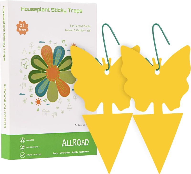 Photo 1 of ALLRoad 21 Pcs Yellow Sticky Fruit Fly Traps Gnat Trap for Indoor/Outdoor Houseplant Sticky Bug with Holes Insect Catcher Protect The Plant
