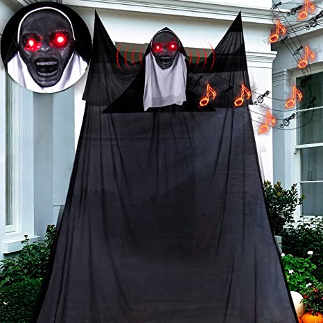 Photo 1 of  5th LILY Halloween Ghost Hanging Decorations with Led Light Eyes & Creepy Sound,Spooky Nun Halloween Decorations,Scary Indoor Outdoor Decor for Garden Home Wall Background Party
