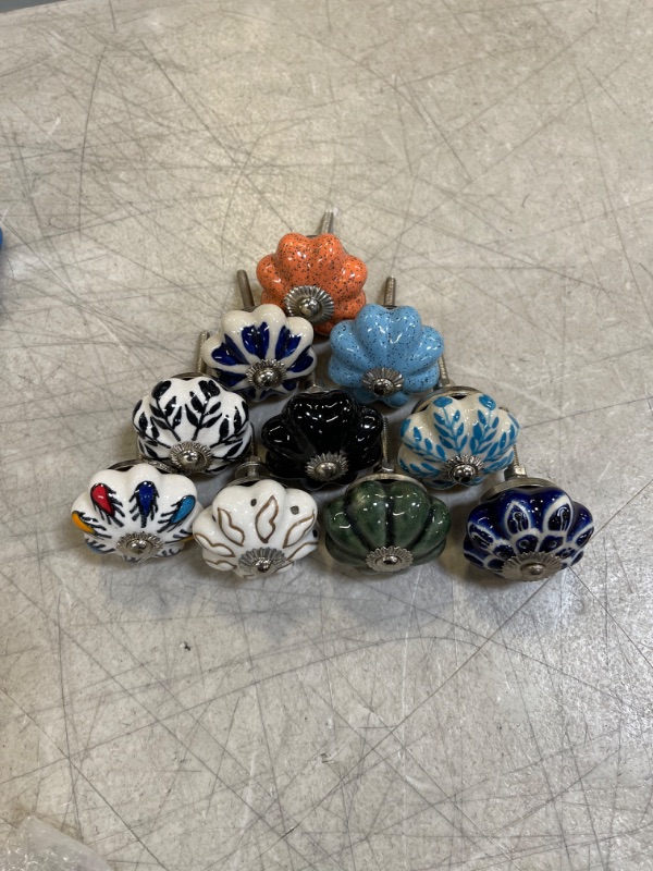 Photo 1 of 10 Pack Cabinet Knobs Vintage Ceramic Dresser Drawer Floral Boho Cupboard Pull Hand Painting Antique Knob Colorful Pumpkin Shape Assorted Color + DIY Tool Cutting Saw and Steel File for Triming Screws
