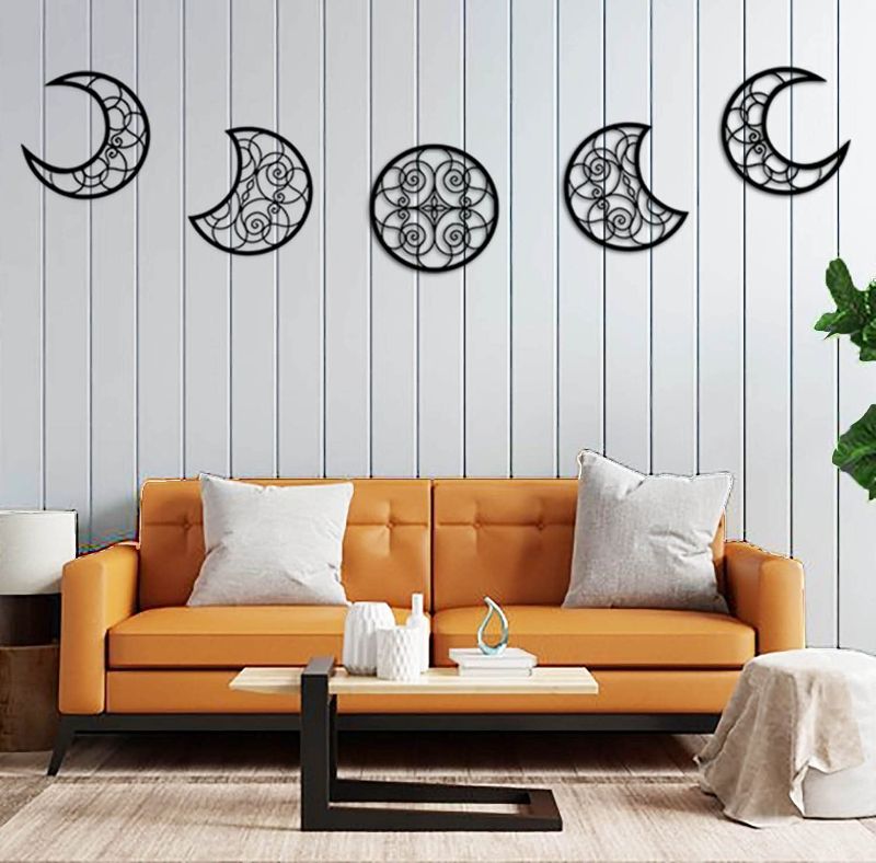 Photo 1 of 5pcs Moon Hanging Decor,Rustic Moon Phase Decor Wall Decorative Wooden DIY Set,Wooden Modern Art Pediments for Bedroom, Home, Apartment, Living Room, Gallery Ornament-Black
