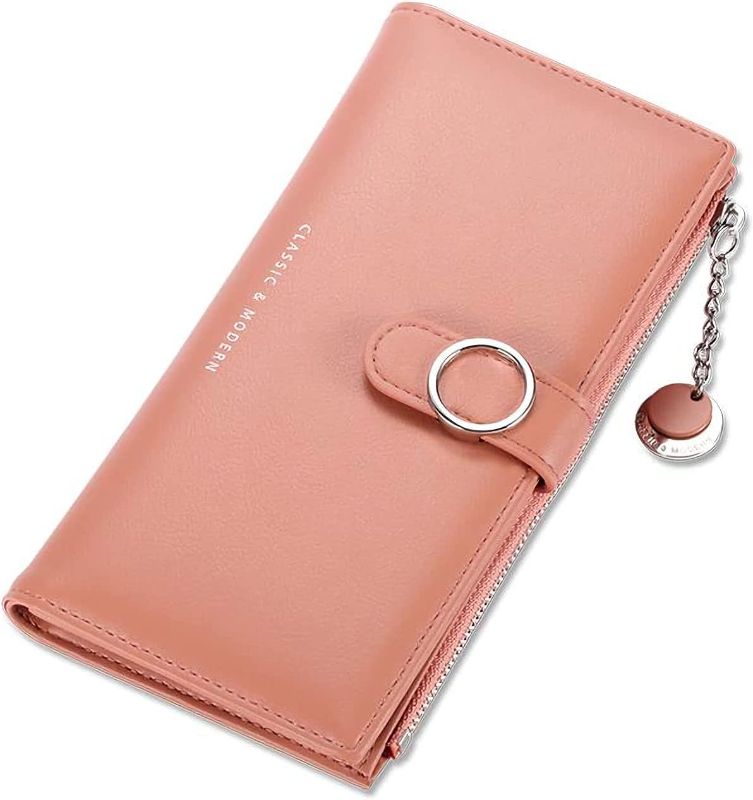 Photo 1 of Women's Wallet PU leather Ladies Clutch with Zipper Pocket Large Capacity Purse Slim Bi-fold Wallet (Pink)
