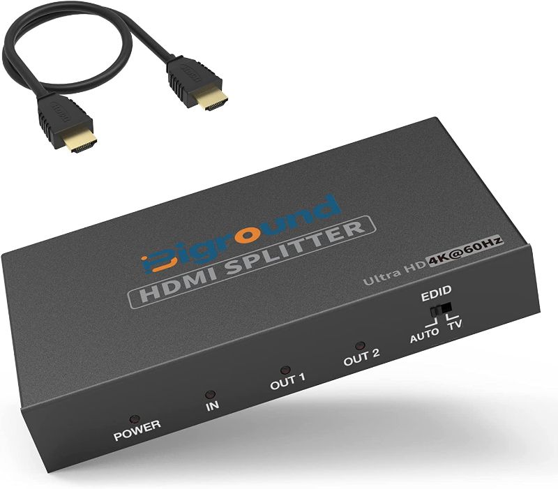 Photo 1 of Biground HDMI Splitter 1 IN 2 OUT, EDID Downscaler Auto 4K 60HZ HDMI Splitter for Dual Monitor TV,with HDMI Cable,Simultaneously Display 4K & 1080p,HDR UHD 1080P HDMI 2.0b,Compatible for PS4 Roku HDTV
