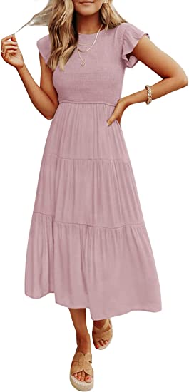 Photo 1 of  Women's Summer Casual Flutter Short Sleeve Crew Neck Smocked Elastic Waist Tiered Midi Dress--SIZE M