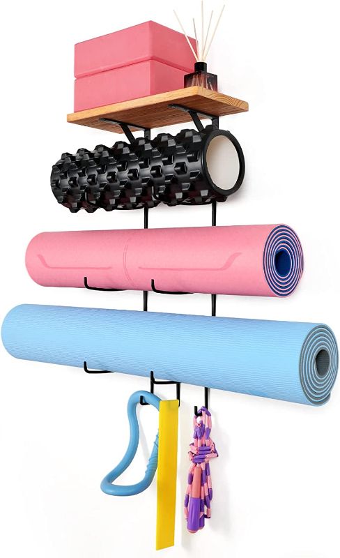 Photo 1 of Yoga Mat Holder Wall Mount, Yoga Mat Storage Rack with Floating Shelf and 3 Hooks for Foam Roller, Resistance Bands and Yoga Equipment Accessories Organizer at Home Gym
-FACTORY SEALED-
