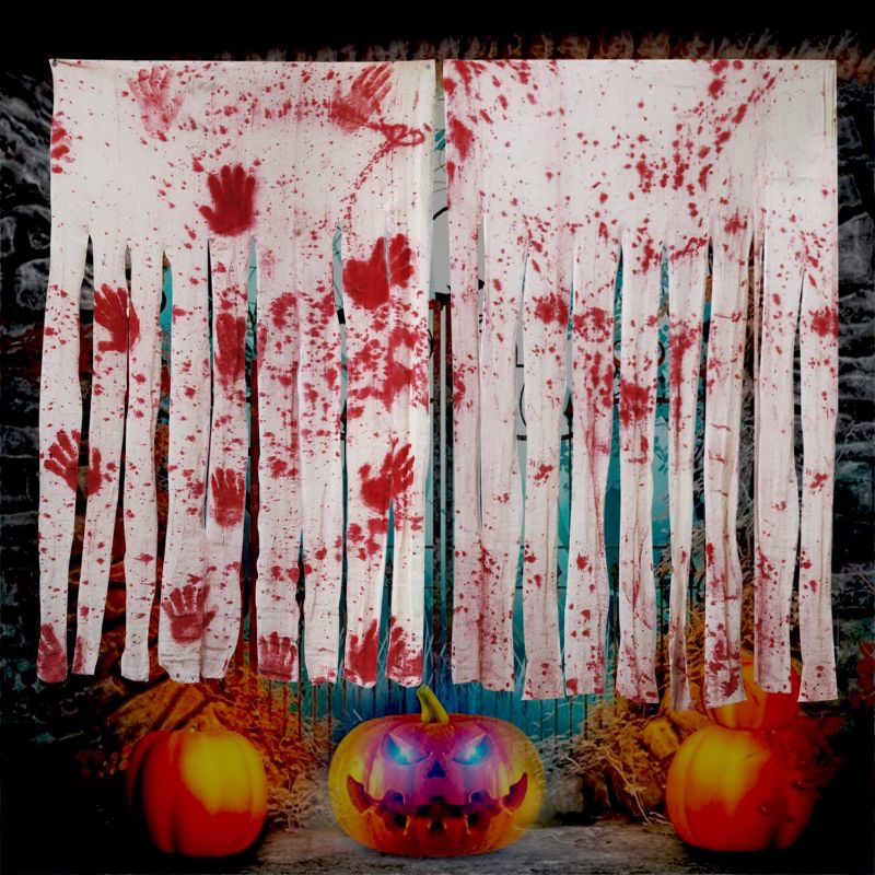 Photo 1 of 2 Pack Halloween Door Curtain Decorations, Bloody Halloween Decorations Doorway Creepy Cloth with Blood Stain Handprints, Halloween Haunted House Horror Decoration for Theme Party Outdoor Indoor