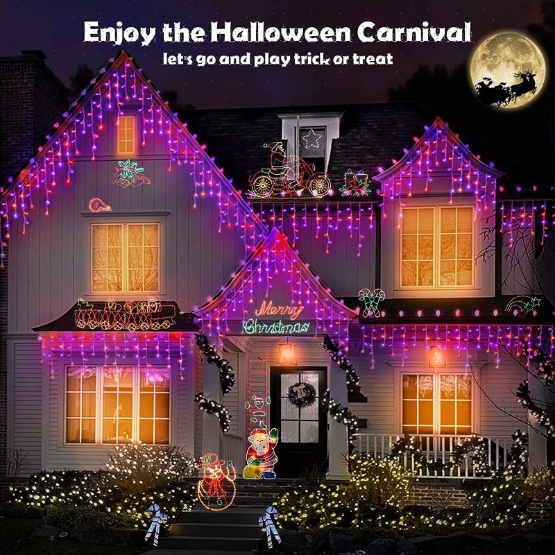 Photo 1 of 99FT Halloween & Christmas Lights LED Orange and Purple, Lighting Modes Curtain Fairy Lights, Timer Memory Hanging Light for Overhangs/Awnings/Roof/Window Holiday Party Decorations