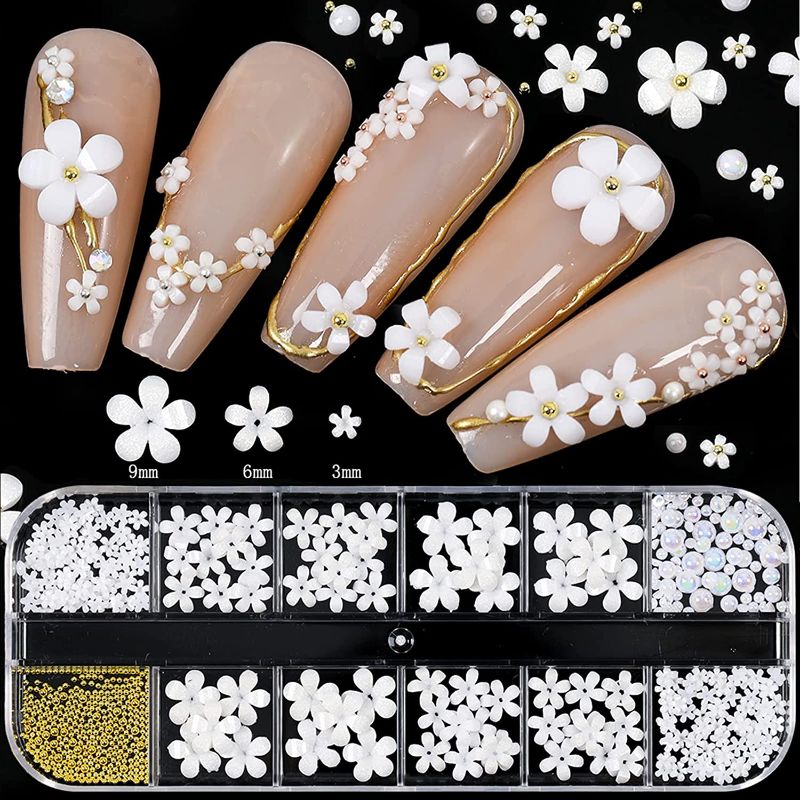 Photo 1 of DOYIZZ Flower Nail Charms, 3D Flowers for Nails with Pearls and Rhinestone Acrylic Nail Art Decoration Nail Accessories for Women Girls