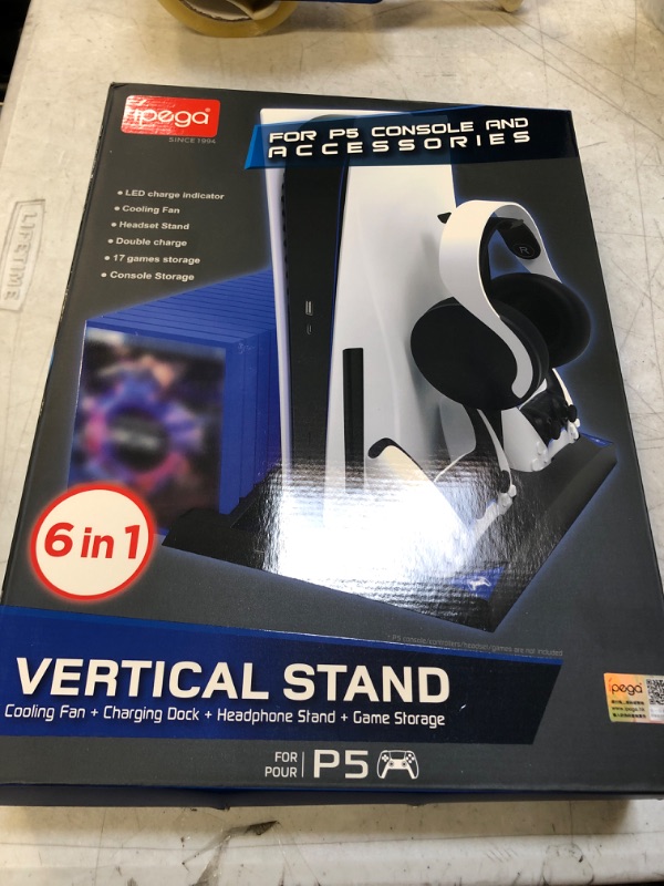 Photo 2 of PS5 Stand with Cooling Fan and Dual Controller Charger Station for Playstation 5 PS5 Console, Cooler Fan with Charging Dock Station and 17 Games Storage
