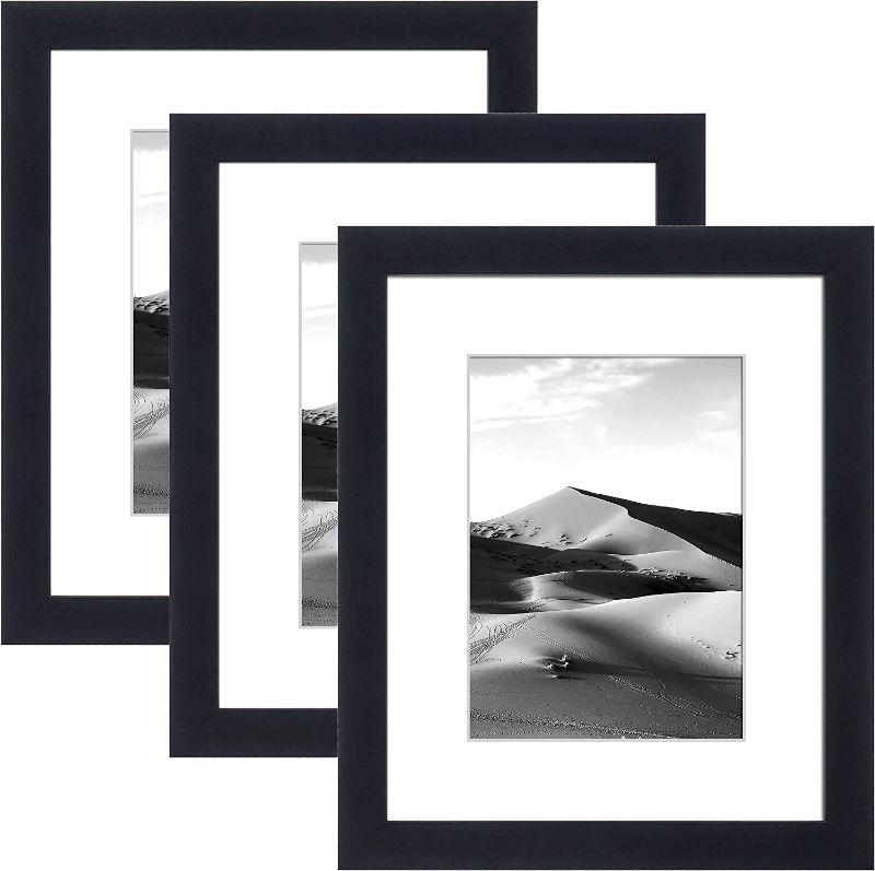 Photo 1 of 8x10 Picture Frame Set of 3 Display Pictures with Mat Black Matte Flat Frame,Classic Plastic Photo Frames with High Definition Glass,Simple Designed,for Wall Mount & Table top Decor Vertical,Black-FACTORY SEALED