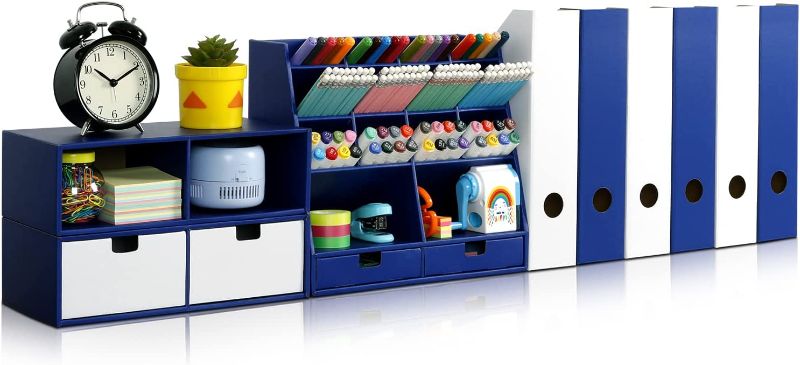 Photo 1 of Desk Organizer Set with 6 Magazine File Holder Organizer 4 Drawers & 16 Compartments - Huge Capacity Pen Holder for Home, School, Office Supplies, FSC Certified Cardboard, DIY Project, Blue---FACTORY SEALED