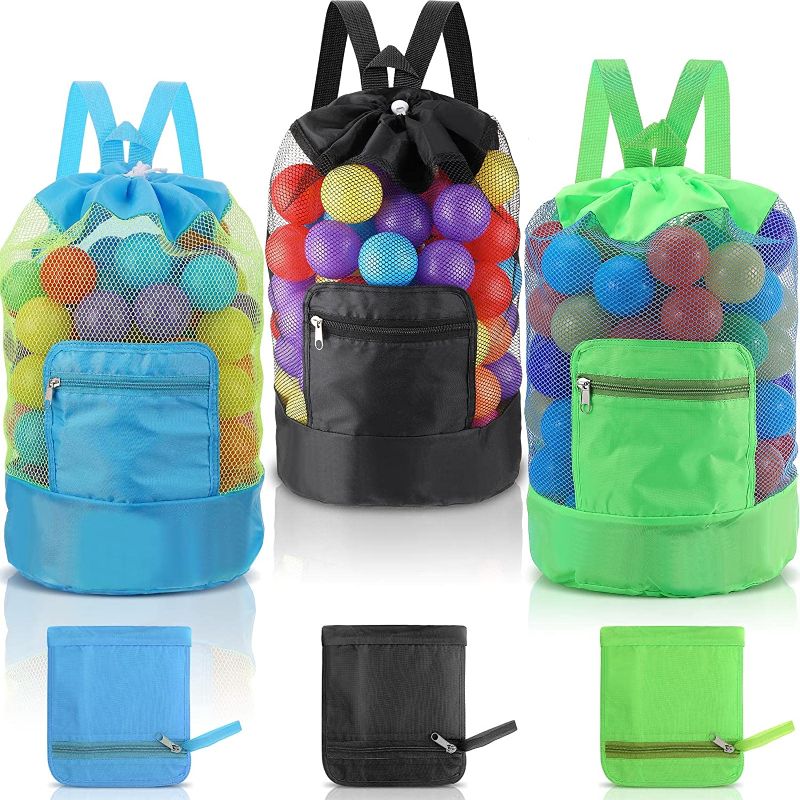 Photo 1 of 3 Pieces Large Mesh Beach Bag Beach Toy Bag Sand Away Drawstring Beach Backpack Tote Mesh Bags for Toys Storage Ball Mesh Sand Bag for Kids Family Swimming, Beach, Toy Not Included(Green, Blue, Black)