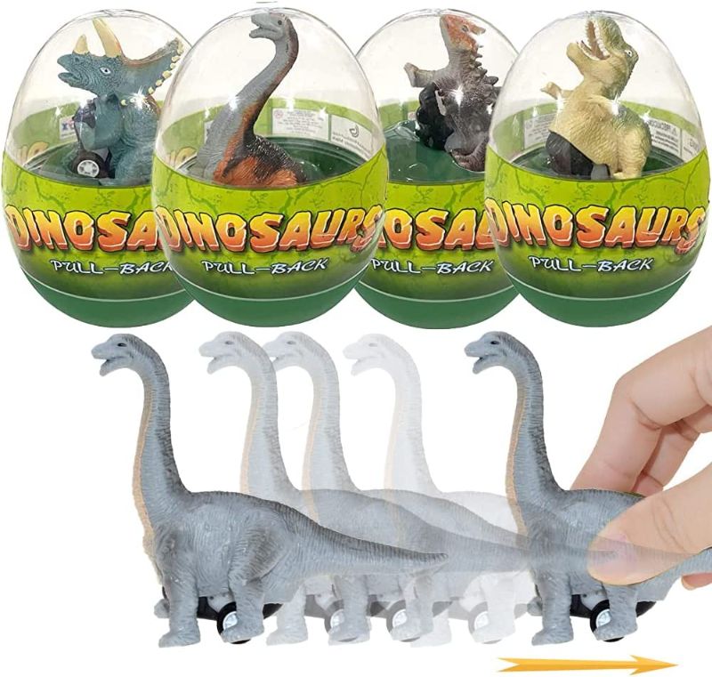 Photo 1 of 4 Pack 4.5" Jumbo Easter Eggs With Toys Inside Dinosaur Pull Back Cars,Easter Eggs Filled With Dinosaur Toys Holiday Party Favors for Kids Boys Toddlers Stocking Stuffers For Kids Girls Birthday Gifts