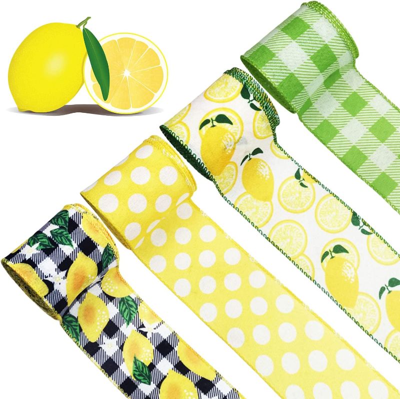 Photo 1 of 4 Rolls Summer Lemon Watermelon Sunflower Wired Ribbon for Summer Wreath Craft Decoration (Color A)