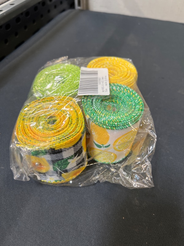 Photo 2 of 4 Rolls Summer Lemon Watermelon Sunflower Wired Ribbon for Summer Wreath Craft Decoration (Color A)