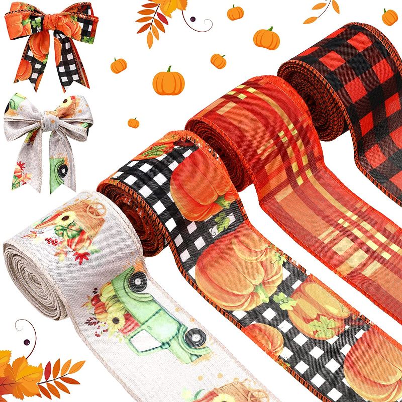 Photo 1 of 20 Yards/ 4 Rolls Fall Ribbon Wired Ribbon for Wreaths Pumpkin Ribbon Orange Ribbon Buffalo Plaid Ribbon Thanksgiving Wired Ribbon for DIY Wrapping Crafts Decor Party Ornaments