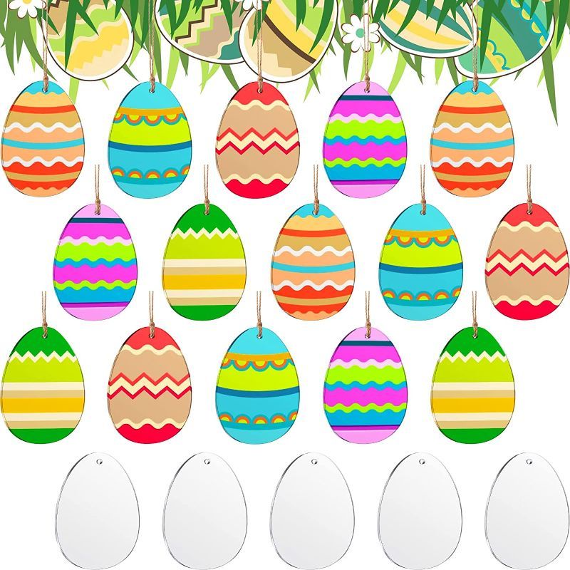 Photo 1 of 20 Pieces Easter Egg Acrylic Ornaments Cutouts Spring Acrylic Egg Ornaments Blank Hanging Ornament Slice Paint Crafts Hanging Embellishment with Ropes for Easter Party (3.2 x 2.4 Inch)