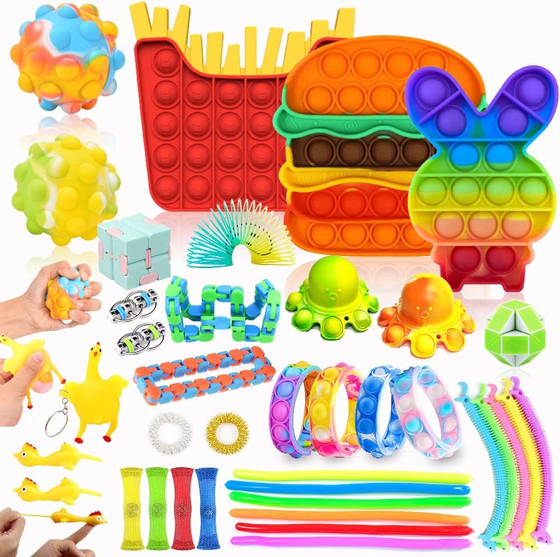 Photo 1 of (38Pcs) Pop Fidget Toys Pack - Silicone Pop Stress Ball Anti-Anxiety Sensory Toys Set for Kids Adults,Hamburger, French fries,Bracelet,Stress Relief Poppet Fidget Package Toys for Girls and Boys