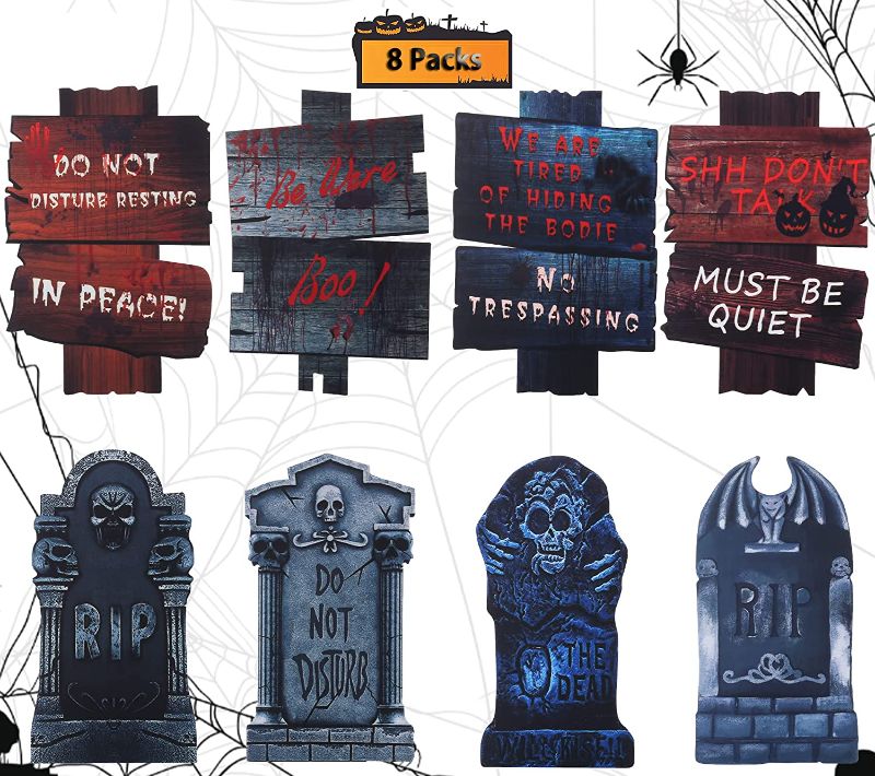 Photo 1 of 8 Pack Graveyard Yard Sign Decorations for Halloween, Waterproof Tombstones Halloween Yard Props with Stakes Foam Corrugate Rip Scary Spooky Zombie Headstone Decor for Party Outside Outdoor Garden Lawn
