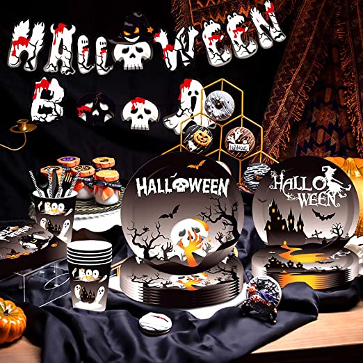 Photo 1 of 33 Pieces Halloween Party Supplies, Haunted House Party Supplies, Skull Party Supplies, Halloween Party Plates and Napkins
