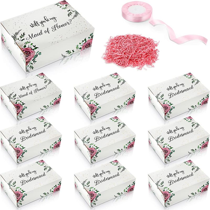 Photo 1 of 10 Pcs Bridesmaid Proposal Box with Pink Ribbon and Shredded Paper, 2 Maid of Honor Box and 8 Will You Be My Bridesmaid Boxes for Proposal, Floral Bridesmaid Present, Wedding Favor
