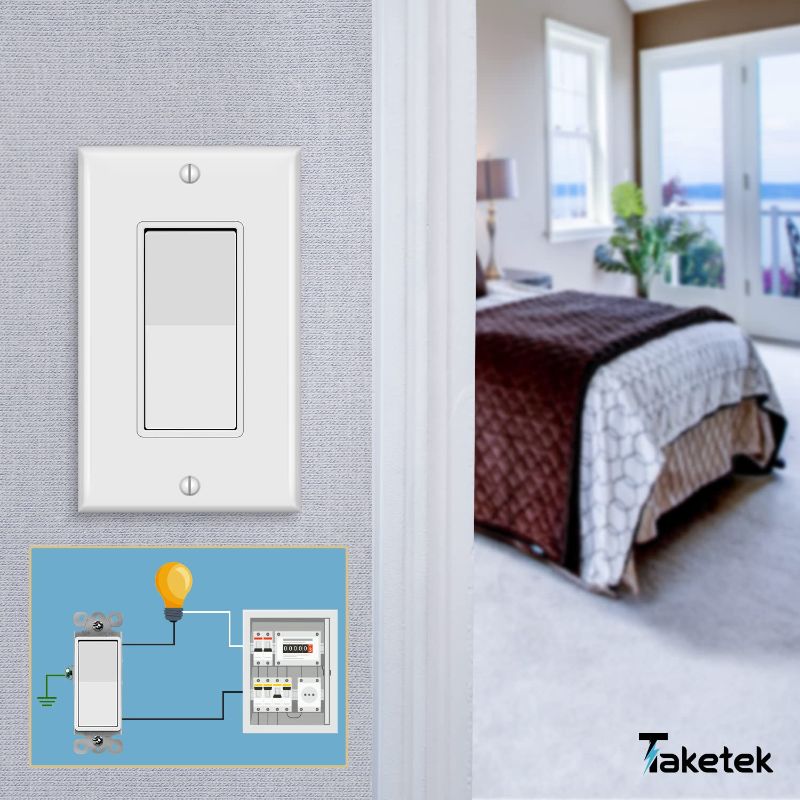 Photo 1 of TAKETEK Decorator Switch with Wall Plate, Single Pole Rocker Light Switch, Grounding Screw, Residential Grade, 15A 120V/277V, UL Listed, YX-S001-10PACK, White (10 Pack