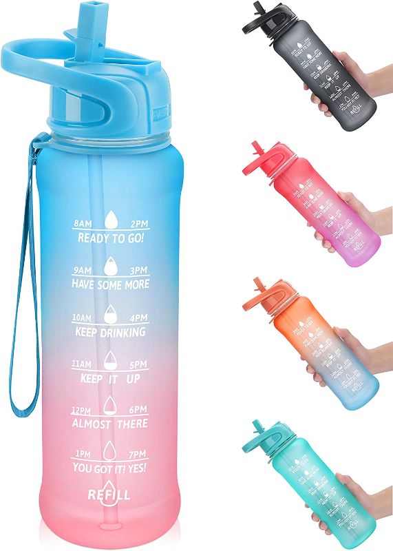Photo 1 of PASER One-Step Drinking Bottle 32 OZ Motivational Water Bottle with Time Marker, Straw & Strap - BPA Free Non-Toxic Leakproof 1 Liter Sports Water Bottles for Yoga Running Camping Hiking Workout --FACTORY SEALED --

