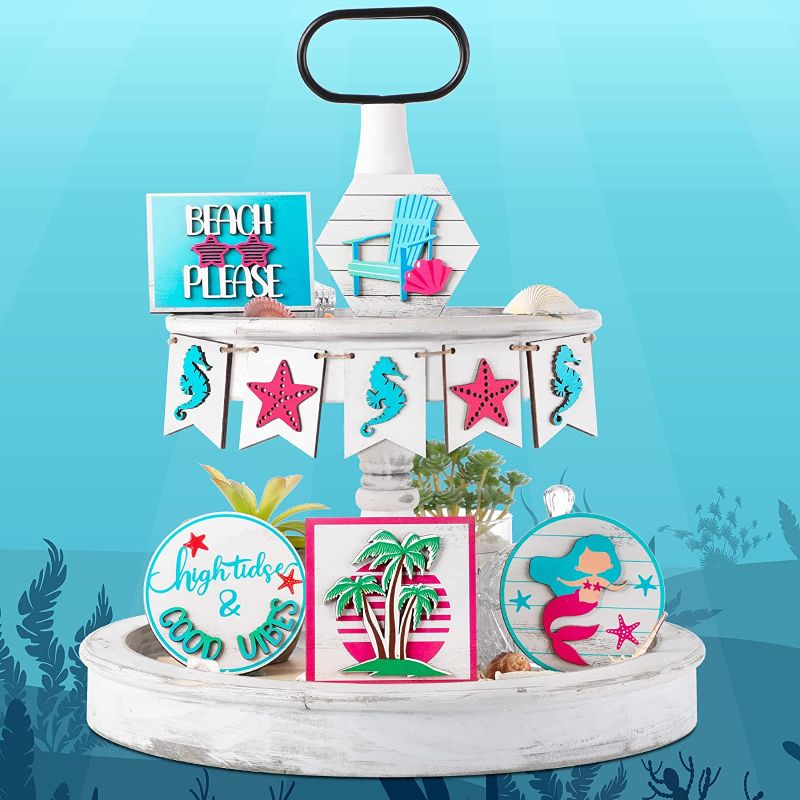 Photo 1 of 10 Pcs Summer Beach Tiered Tray Decor Bathroom Decoration Mermaid Party Tiered Tray Wood Decor Coastal Beach Sign Mini Wood Kitchen Signs Seahorse Starfish Wooden Farmhouse Home Tiered Tray Decor
