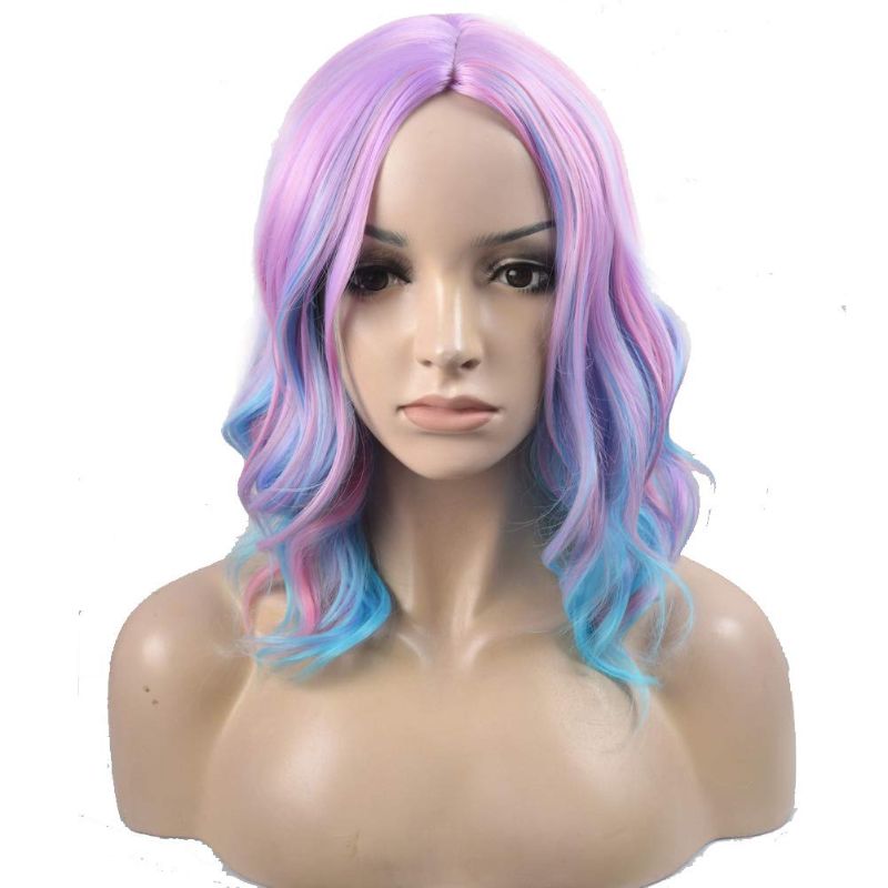 Photo 1 of BERON 14 Inches Pink Blue Wig Short Curly Bob Wig Charming Women Girls Beach Wave Wigs for Cosplay Costume Party Wig Cap Included
