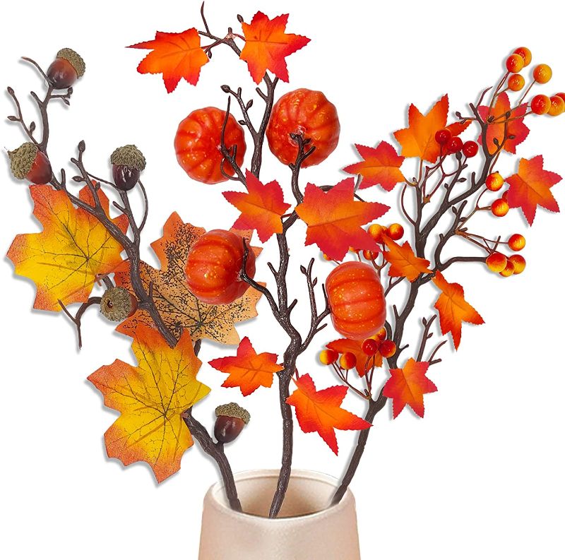 Photo 1 of 3P Thanksgiving Decorations Home Thanksgiving Table Flower Decor Fall Maple Leaves Branches with Pumpkins Decor & Acorn Berries Fall Picks for Fall Decoration Home Indoor Table Vase Decor(Orange Red)
