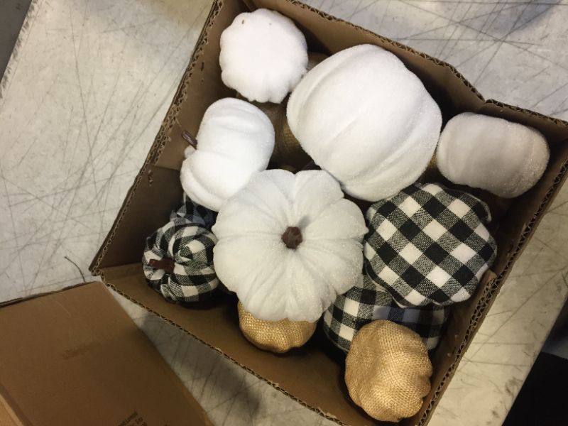 Photo 2 of 16 Pcs Artificial Pumpkins Assorted Fall Pumpkins White Pumpkins Burlap Pumpkins Rustic Pumpkins for Fall Harvest Thanksgiving Halloween Fireplace Decorations
