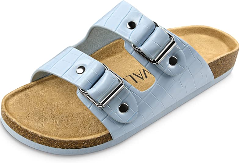 Photo 1 of Cork Footbed Flat Sandals for Women, Double Strap Slip-on Slide Slippers with Arch Support Comfort Cork Buckle Sandals for Summer Beach Dressy Size 10
 