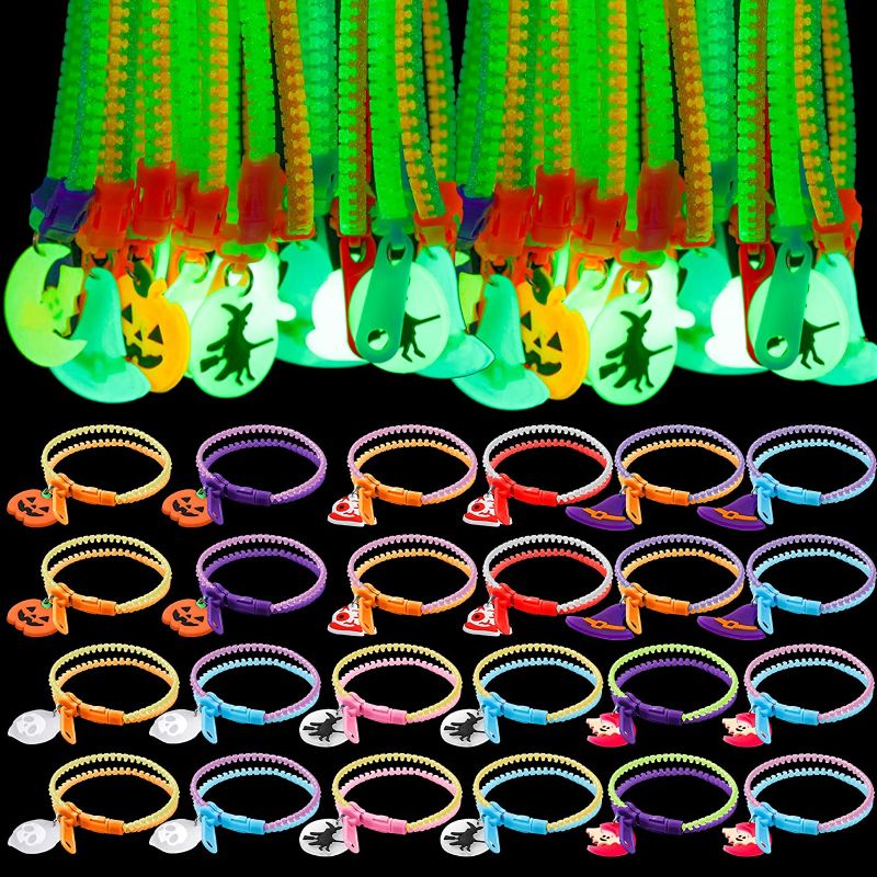 Photo 1 of 48 Pcs Halloween Party Favors for Kids Luminous Zipper Bracelets Bulk Set Halloween Zipper Wristbands, Goodie Bags and Pinata Filler, Halloween Basket Stuffers, Friendship Jewelry