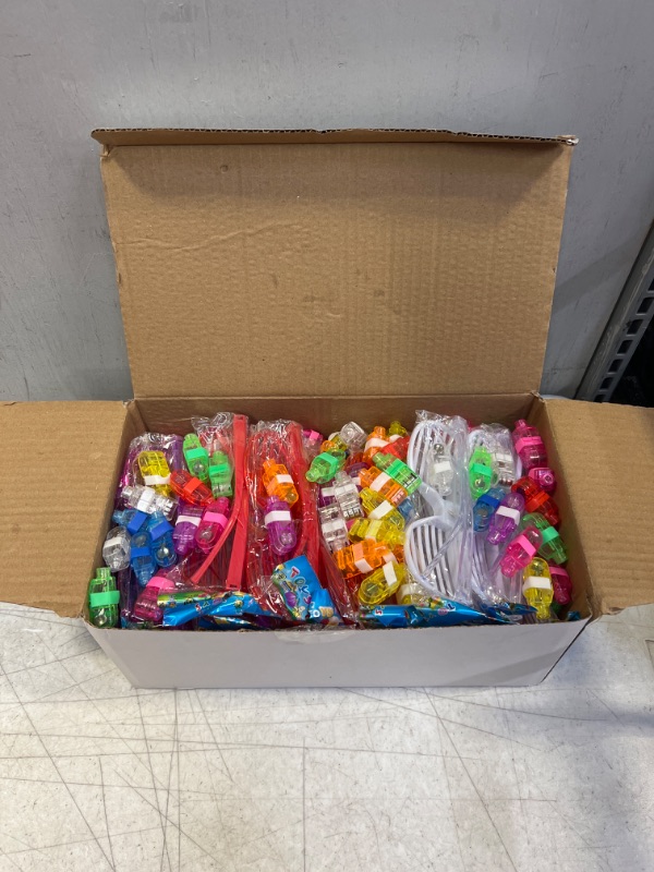 Photo 1 of 134 Pcs Glow in The Dark Party Supplies LED Light Up Toys Party Favors Bulk for Kids Adults Birthday With 104 finger lights Rings, 30 Flashing Glasses for Birthday Stocking Stuffers