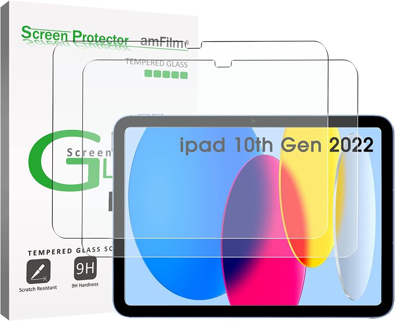 Photo 1 of amFilm 2-Pack Glass Screen Protector Compatible with iPad 10th Generation 10.9 Inch (2022), 9H Tempered Glass Screen Protector, Ultra Sensitive, Face ID & Apple Pencil Compatible