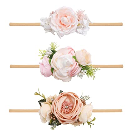 Photo 1 of cherrboll 3pcs Baby Girl Flower Headbands, Super Soft & Stretchy Nylon Floral Hairbands for Newborn Toddler

