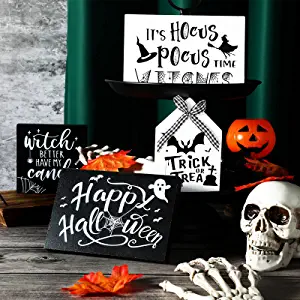 Photo 1 of 4 Pieces Halloween Tier Tray Decorations Black and White Halloween Tiered Tray Sign Rustic Witch Candy Wooden Tray Signs for Farmhouse Decoration Halloween Party Supplies Kitchen Living Room Decor
