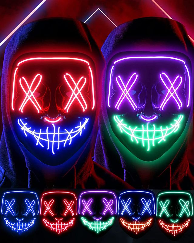 Photo 1 of 2 Pack Halloween Purge Light Up Mask Glow Costume Neon Face Masks Led Scary Scream Rave Cool Glowing for Adults Men Women Teens Kids Girls Boys Parties Movie La Máscara 3 Light Modes Purple Red
