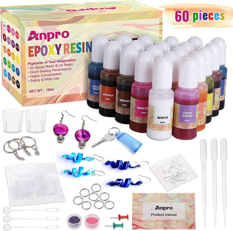 Photo 1 of Anpro Epoxy Resin Pigment Kit - 20 Colors Liquid Resin Pigment Set, 10ml per Bottle, DIY Resin Jewelry Making Kit for Kids and Adults, Resin Kits for Beginners, Total 60 Pieces Resin Accessories
