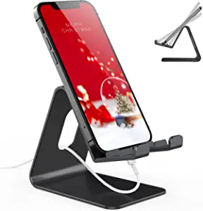 Photo 1 of APPHOME Adjustable Cell Phone Stand, Desk Cell Phone Holder, Aluminum Phone Stand for Desk with Anti-Slip Base and Charging Port, iPhone Dock Compatible with More 4-11'' Cellphone and Tablets(Black)
