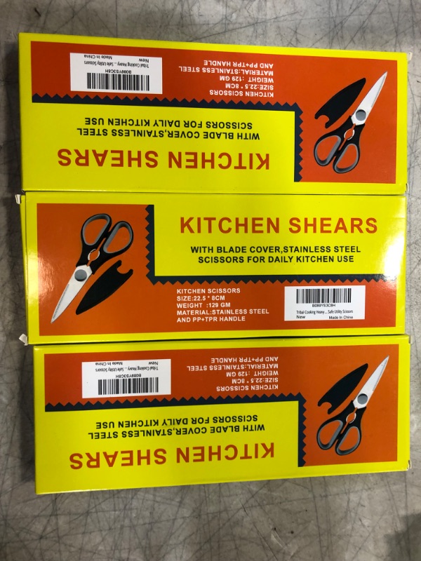 Photo 2 of 3 PACK Tribal Cooking Kitchen Scissors - 8.8-Inch Professional Kitchen Shears - Heavy Duty, Stainless Steel, Dishwasher Safe - Micro Serrated Edge Cuts Food, Meat, Poultry - Sharp Utility Scissors.