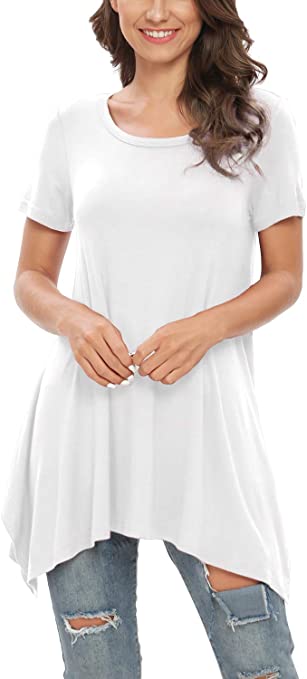 Photo 1 of BISHUIGE Womens Summer Short Sleeve Irregular Hem Loose Tunic Tops Flowy Blouses Shirt SIZE M
