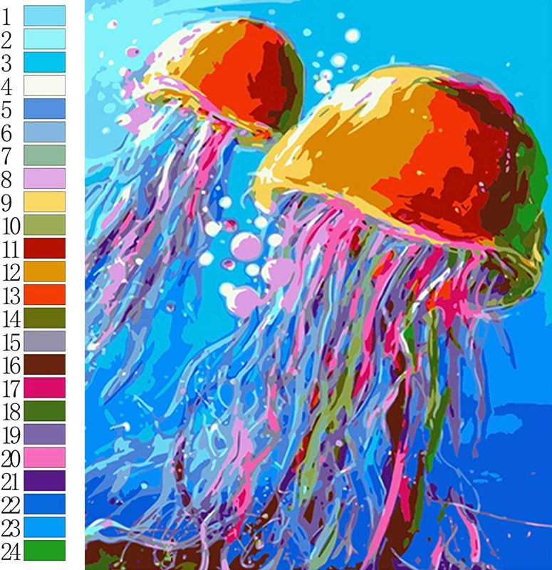 Photo 1 of EDR Paint by Numbers for Adults Beginner DIY Oil Painting Kits on Canvas for Home Wall Decor with Brushes and Acrylic Pigment, Without Frame (Jellyfish 16''x20''), blue
