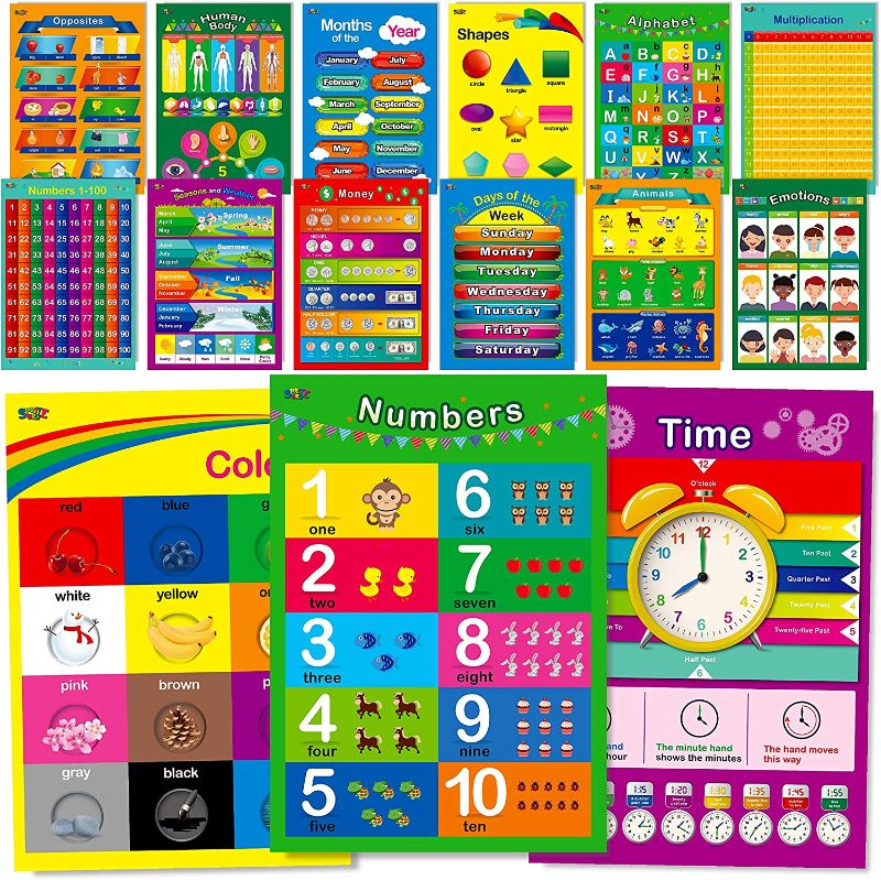 Photo 1 of 15 Educational Posters, Alphabet, Shapes, Colors, Numbers 1-100, Multiplication Table, Days of The Week, Months of The Year,Money,Emotions,Human Body,Time,Opposites,Seasons,Weather,Animals  -- FACTORY SEALED --