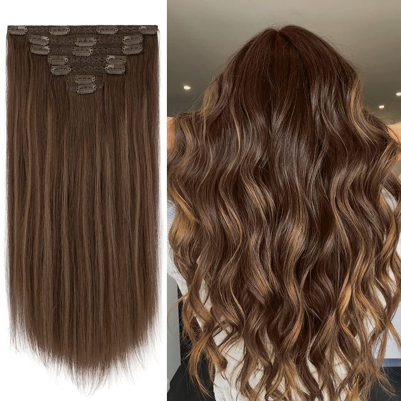 Photo 1 of FESHFEN Clip in Human Hair Extensions Real Human Hair Extension 7 PCS Natural Silky Balayage Chestnut Brown to Caramel Blonde Straight Long Remy Hair Extensions for Women, 24 inch 130g
