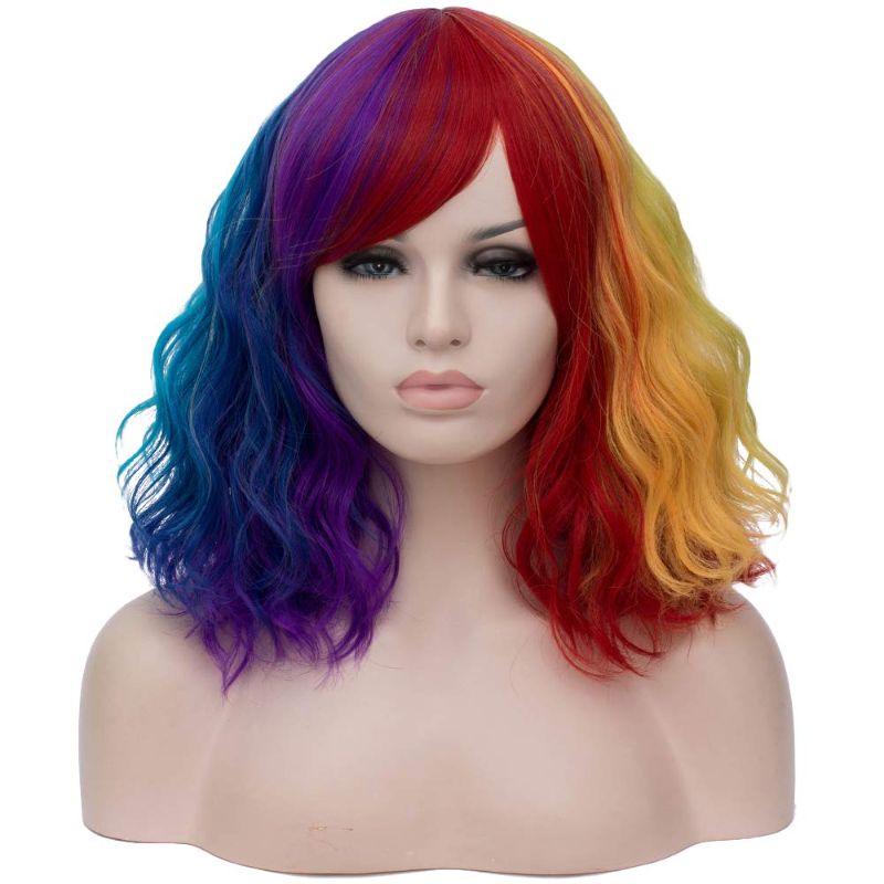 Photo 1 of BERON Women’s Bob Curly Rainbow Wig with Bangs Halloween Cosplay Wig Daily Use Synthetic Wigs (Multi-color )
