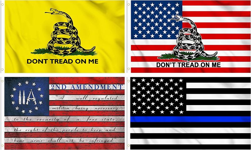 Photo 1 of 4 Pieces Gadsden American Flag - Betsy Ross 2A 2nd Amendment Flag - Thin Blue Line USA Flag - Dont Tread On Me Flag 3x5 ft with Grommets - Printed Polyester - Indoor/Outdoor - Vivid Color