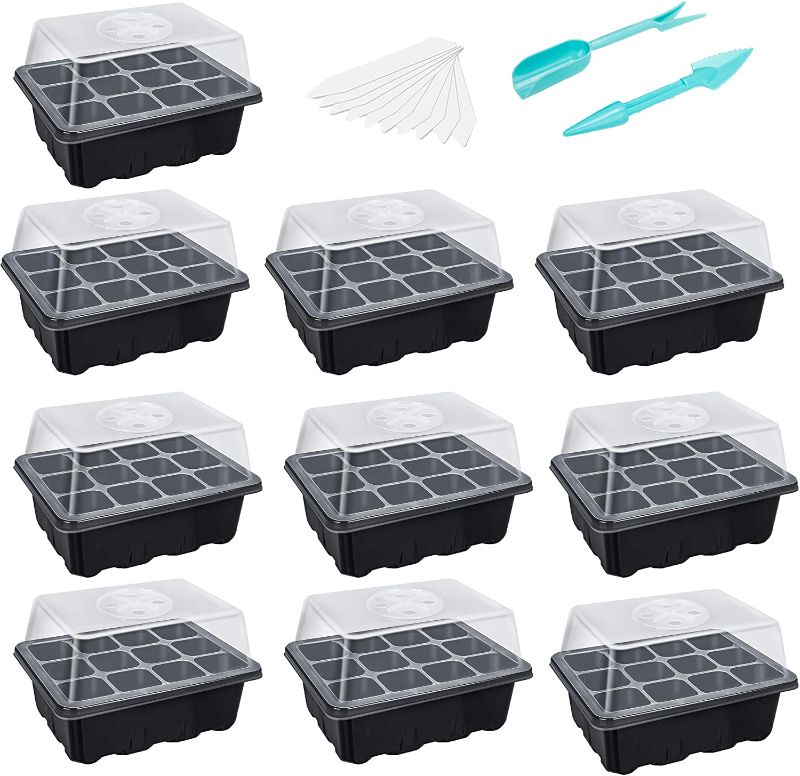 Photo 1 of 10 Packs Seed Starter Tray Seed Starter Kit (12 Cells Per Tray) with Adjustable Humidity Dome and Base Greenhouse Grow Trays for Seeds Growing Starting